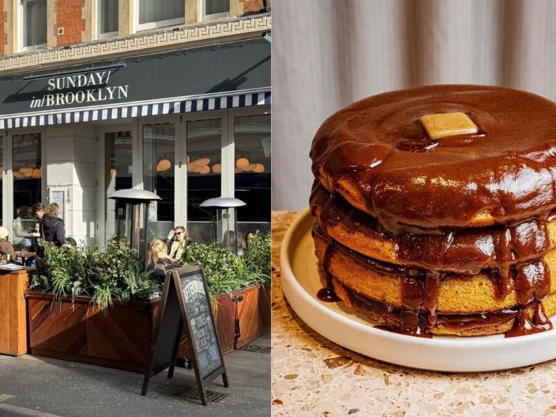 This is an image of a stack of pancakes with hazelnut praline sauce and burnt brown butter lathered on the top.