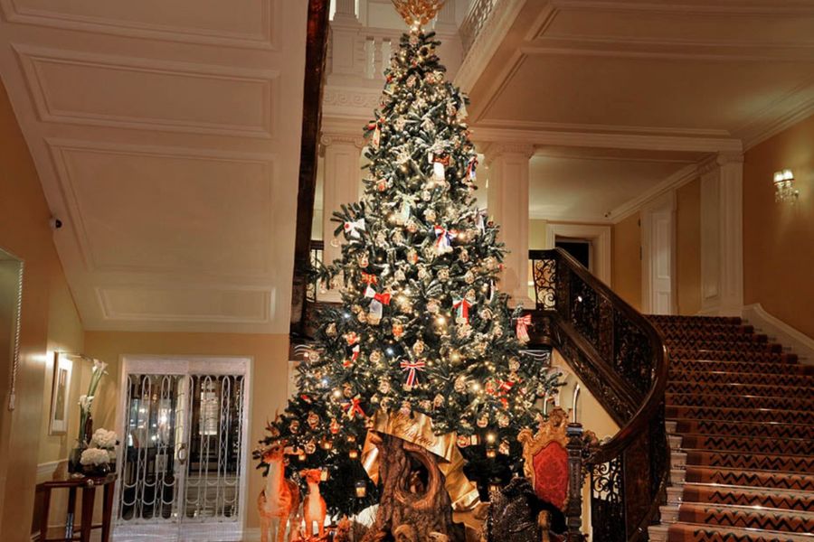 This is an image of a beautifully-decorated Christmas tree with lots of lights in a hotel lobby.