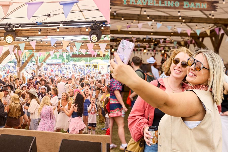 Two side-by-side images from Country on the Common festival — a packed dancing crowd under a bunting-lined tent, and two smiling women taking a selfie at the Travelling Barn stage.