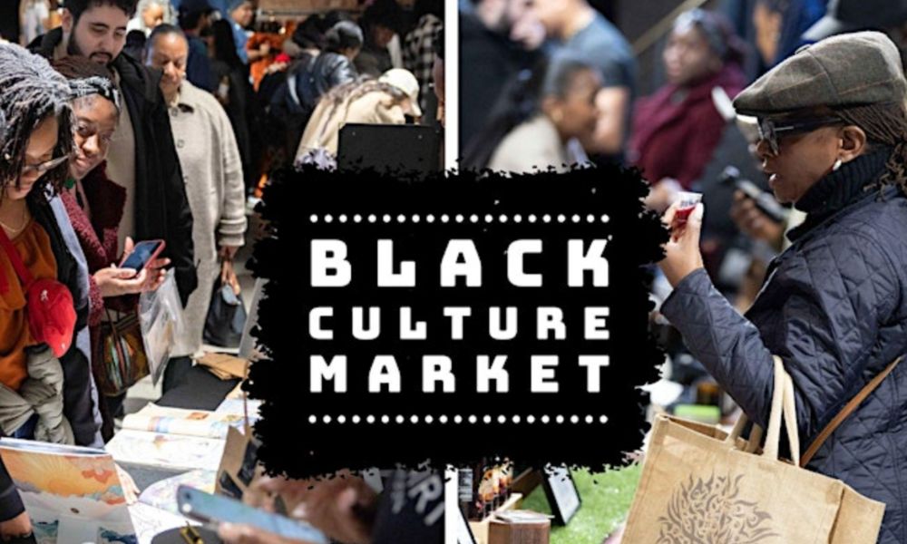 This is an image of a Black Culture Market with African Caribbean products being sold at little stalls.