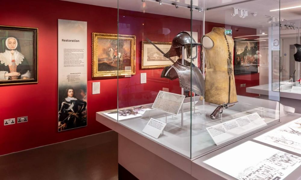This is an image of a history museum with lots of stuff about knights and British royal history.
