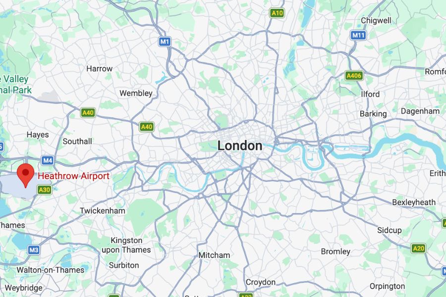 A Google Maps screenshot showing Heathrow Airport's location marked in red on the far west edge of Greater London, with central London visible to the right