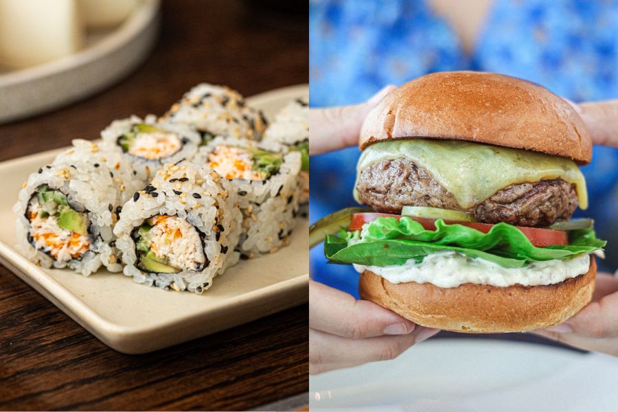 A split image showing sushi rolls on the left and a cheeseburger being held on the right, representing the food options available at Heathrow Airport