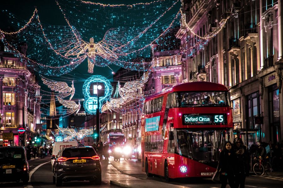 The Christmas lights at Regents Street overlooking the London traffic