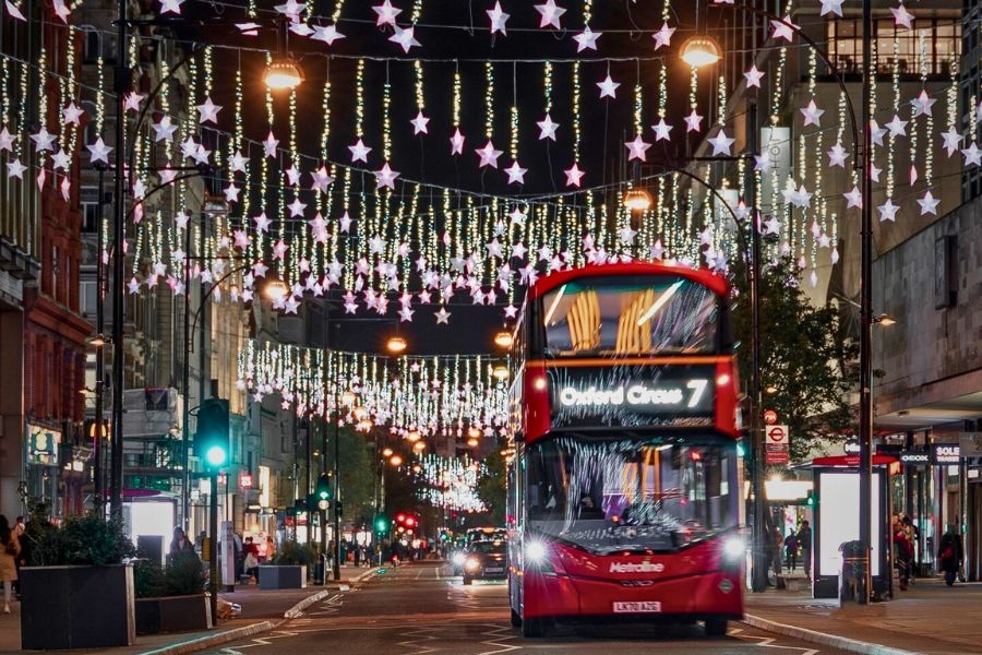 The infamous Oxford street christmas lights in London, on a busy evening