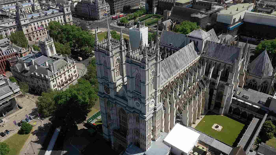 Drone shot of Westminster Abbey, highlighting its exquisite Gothic Architecture.