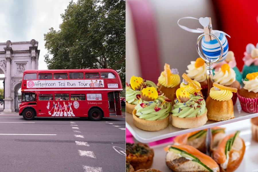 This is an image of a red London tour bus roaming the streets of London. To the right is a tray of Easter cupcakes.