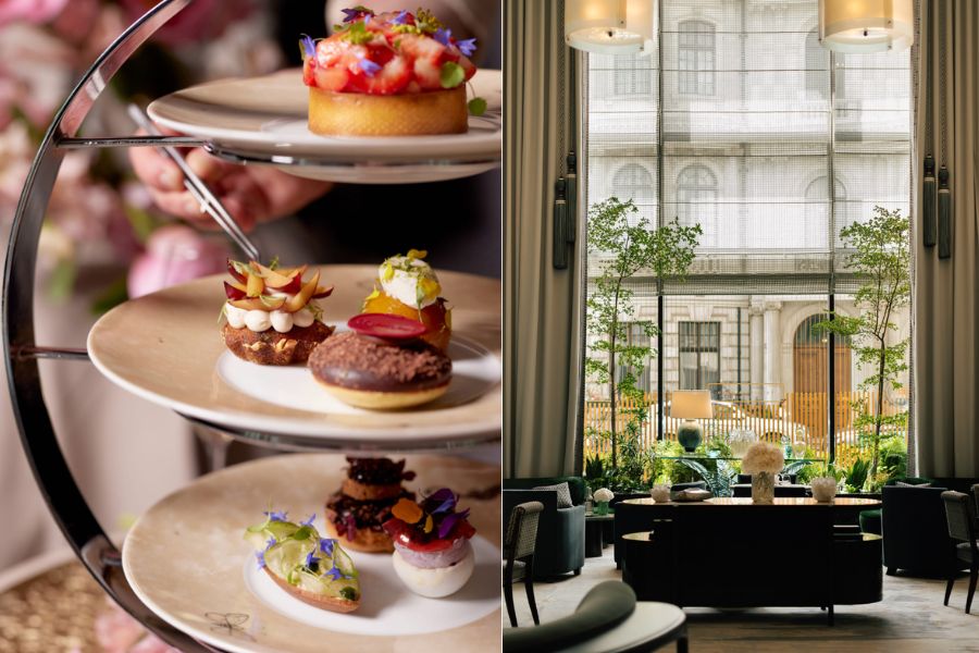 A split image showing an elegant afternoon tea: a three-tiered stand of ornate pastries and petit fours decorated with edible flowers on the left, and a grand hotel lounge with floor-to-ceiling windows, lush indoor trees, and plush dark green seating on the right.