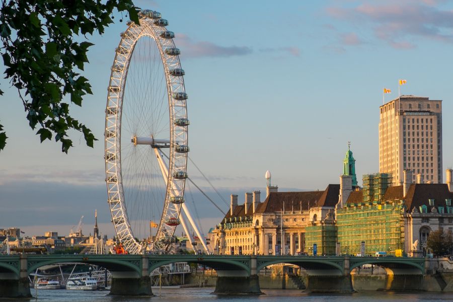 This is an image of the London Eye and South Bank from the other side of the Thames.