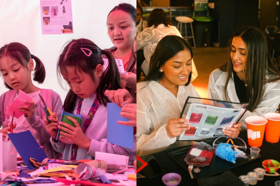 A split image from the Great Exhibition Road Festival. On the left, two young girls work on a craft activity with scissors and coloured paper under pink lighting, supervised by an older child. On the right, two young women in white lab coats sit together reviewing a brochure at a science or maker activity station.