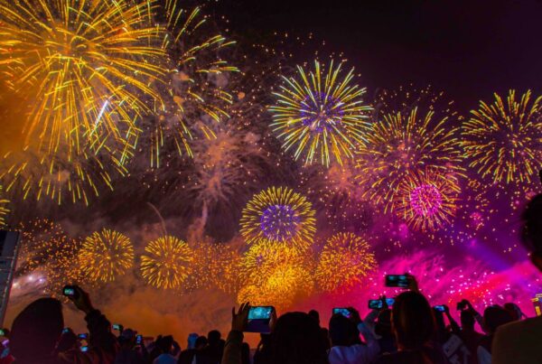 This is an image of a big dark sky with hundreds of sparkly firework displays. People on the ground are watching and using their smartphones to video.