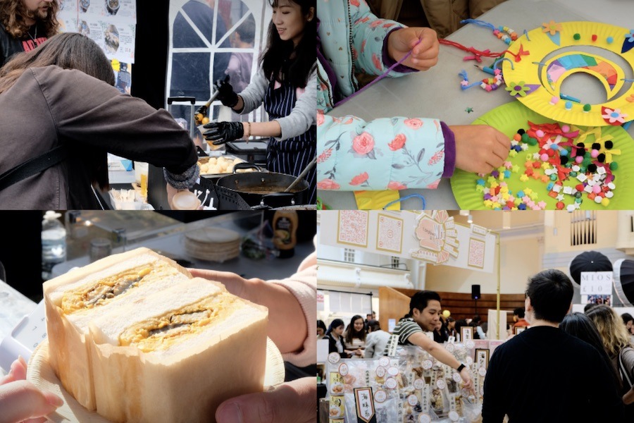 This is an image of people doing craft for Lunar New Year, as well as some food from the market stalls.