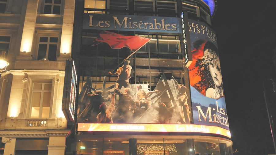 This is an image of a Les Miserables theatre show banner plastered all over the theatre it is being held at in the West End. One of the things to know before booking London theatre tickets is that there are over 39 West End theatres.