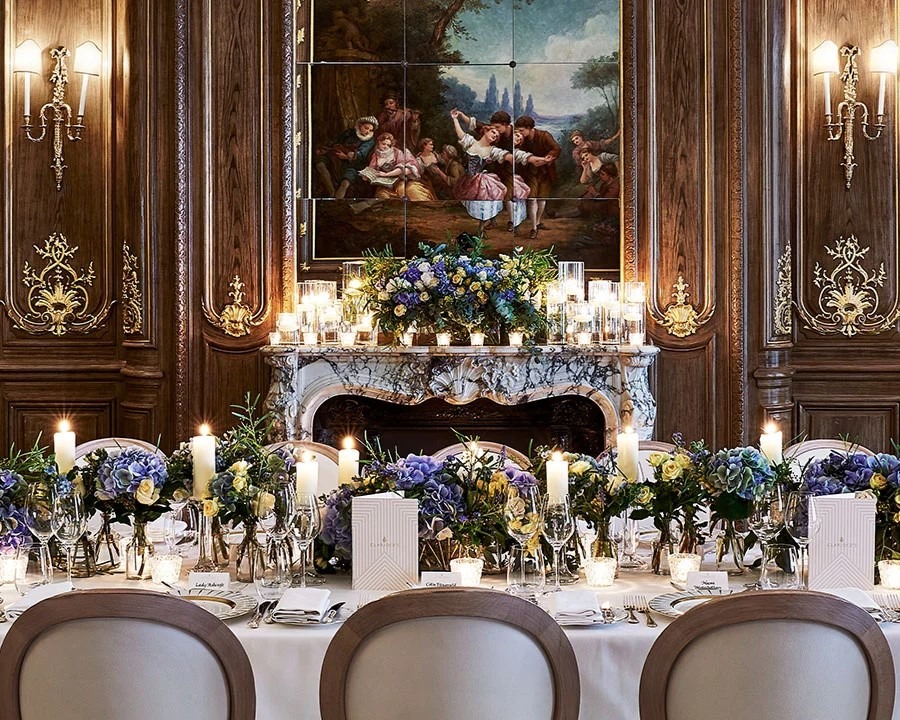 Elegant dining room set up for event at the Claridges' London