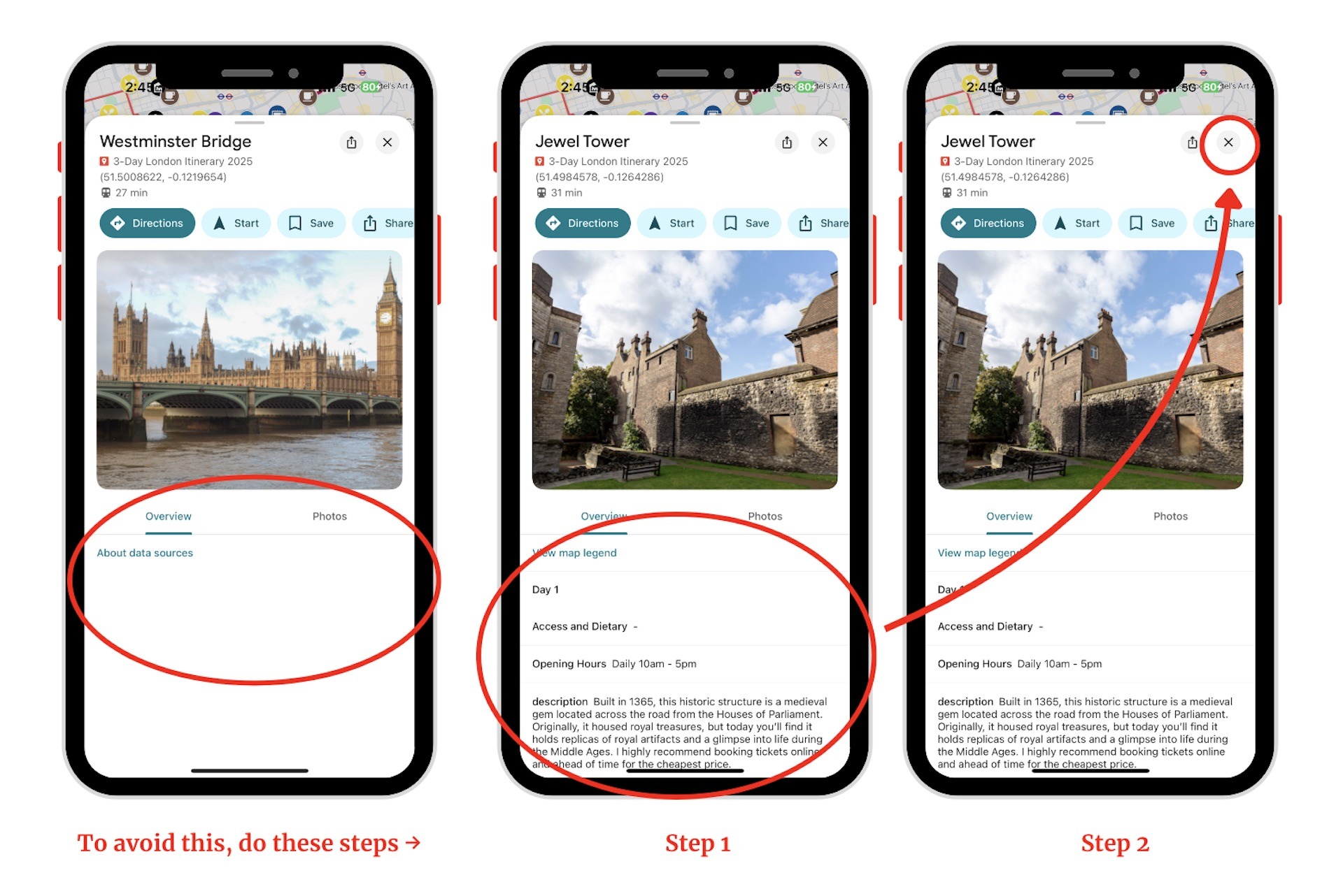 Three phones are pictured side by side to demonstrate how you can easily get the descriptions for the pin to show up by making sure to click the 'X' or anywhere else on the map before picking a new location.