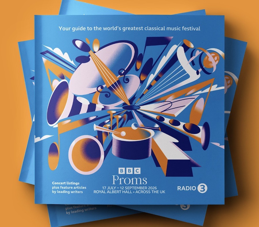 The official BBC Proms 2026 programme guide, showing a bright blue cover with a bold illustrated collage of classical instruments including brass, strings and percussion. Text reads: "Your guide to the world's greatest classical music festival. BBC Proms, 17 July – 12 September 2026, Royal Albert Hall, Across the UK. Radio 3.