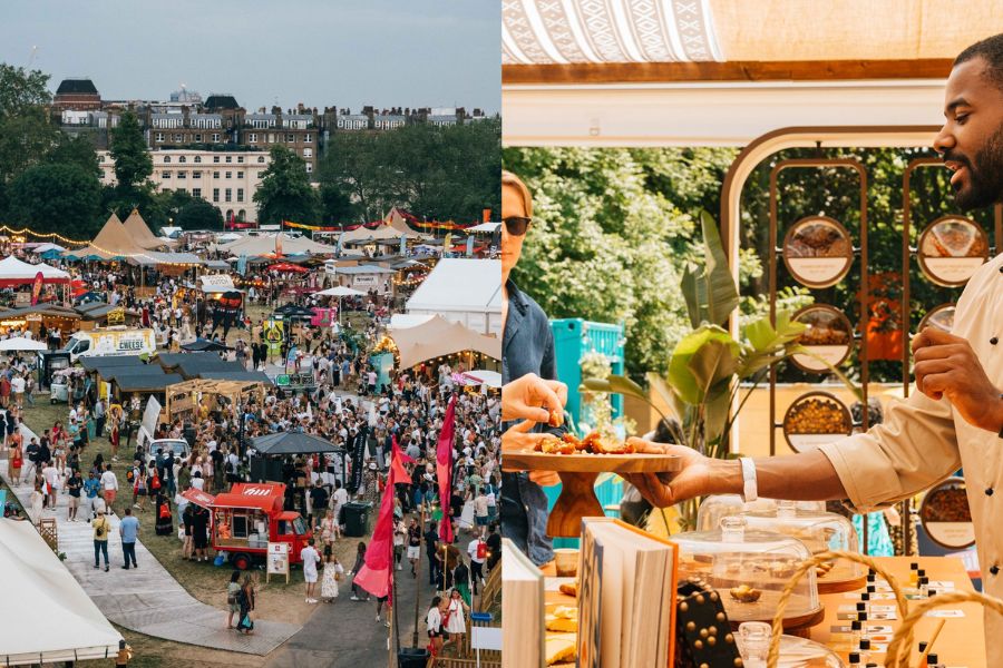 A split image from Taste of London festival. On the left, an aerial view of a packed outdoor food festival in a park, with crowds, food trucks, colourful stalls and tents, and London townhouses visible in the background. On the right, a smiling chef in a white uniform presents a platter of food at a market stall.