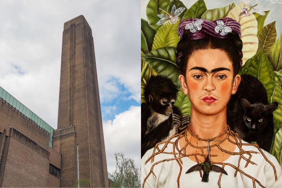 A split image. On the left, the exterior of Tate Modern in London, showing its iconic tall brick chimney tower against a cloudy sky. On the right, Frida Kahlo's self-portrait painting featuring her with a thorn necklace, a spider monkey, a black cat, and lush tropical foliage in the background.