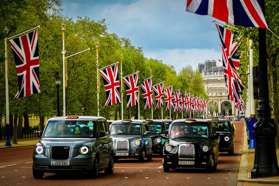This is an image of the road leading up to Buckingham Palace. It is lined with trees and British flags.