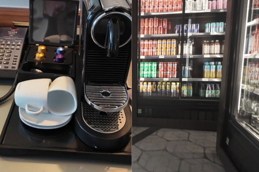 This is an image of the amenities in Tower Bridge Hotel, including the coffee machine, tea and a mini-mart with a bunch of drinks.