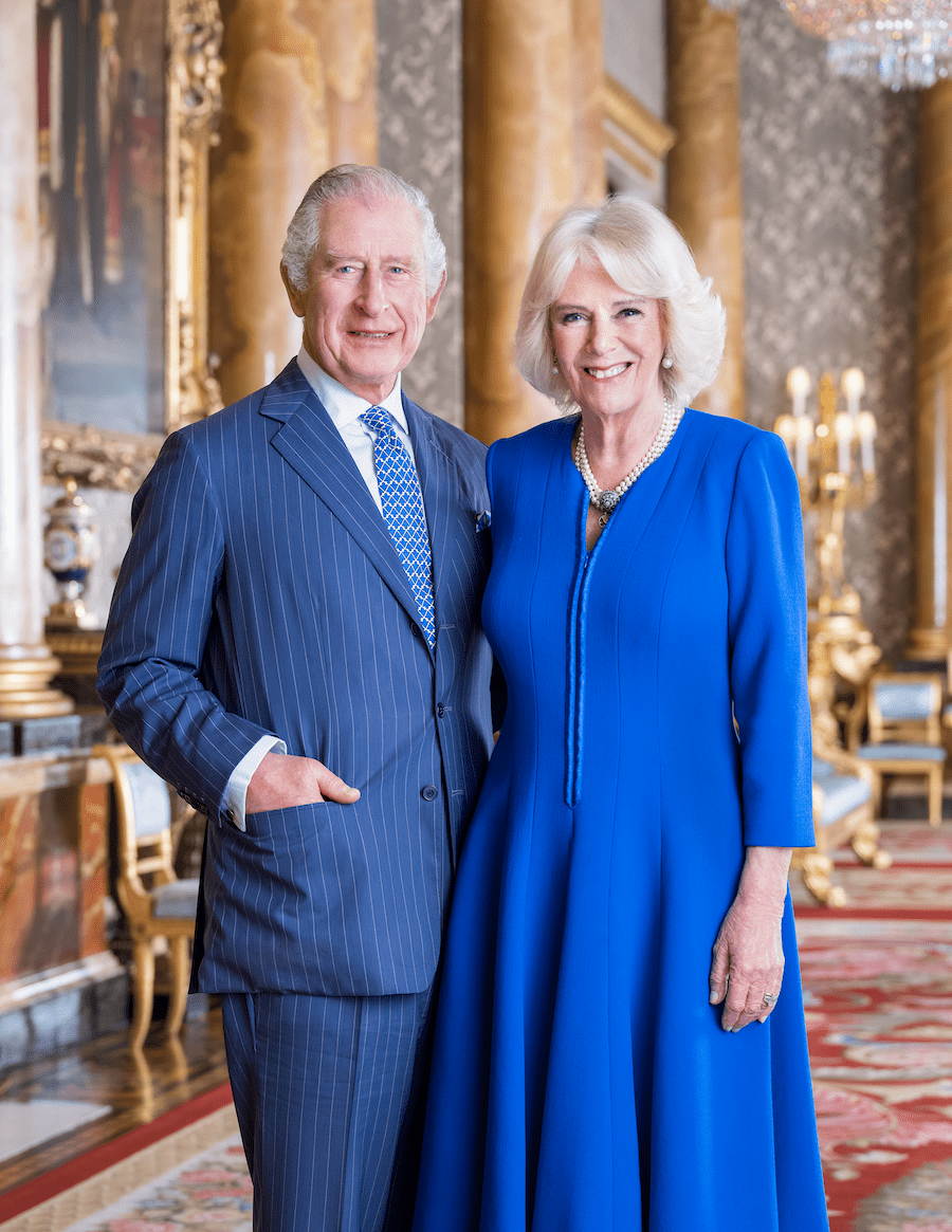 Photography of Their Majesties The King and The Queen Consort, taken in the Blue Drawing Room at Buckingham Palace. The photograph was taken by Hugo Burnand.